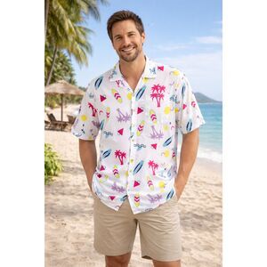 Retro Surf Print Hawaiian 80's Beach Button Up Tropical Summer Shirt Vacation XL